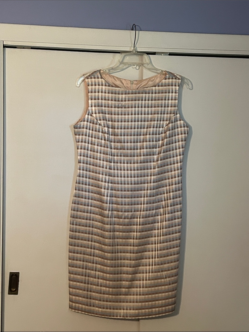 Sleeveless Classic Tailored Sheath Dress in Cream, Beige, Blue and Brown Stripes